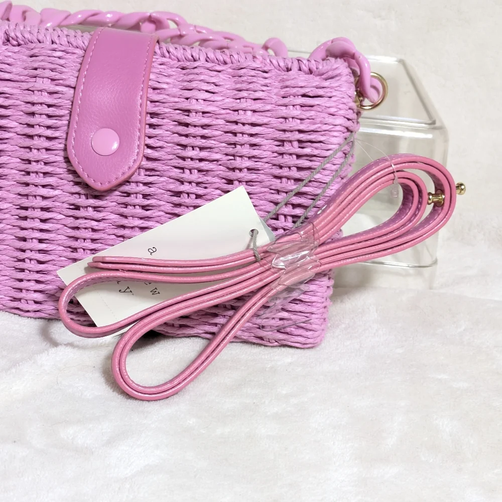 NWT A New Day Target Pink Straw Bag Crossbody and Chain Strap Easter Barbiecore - Picture 2 of 13